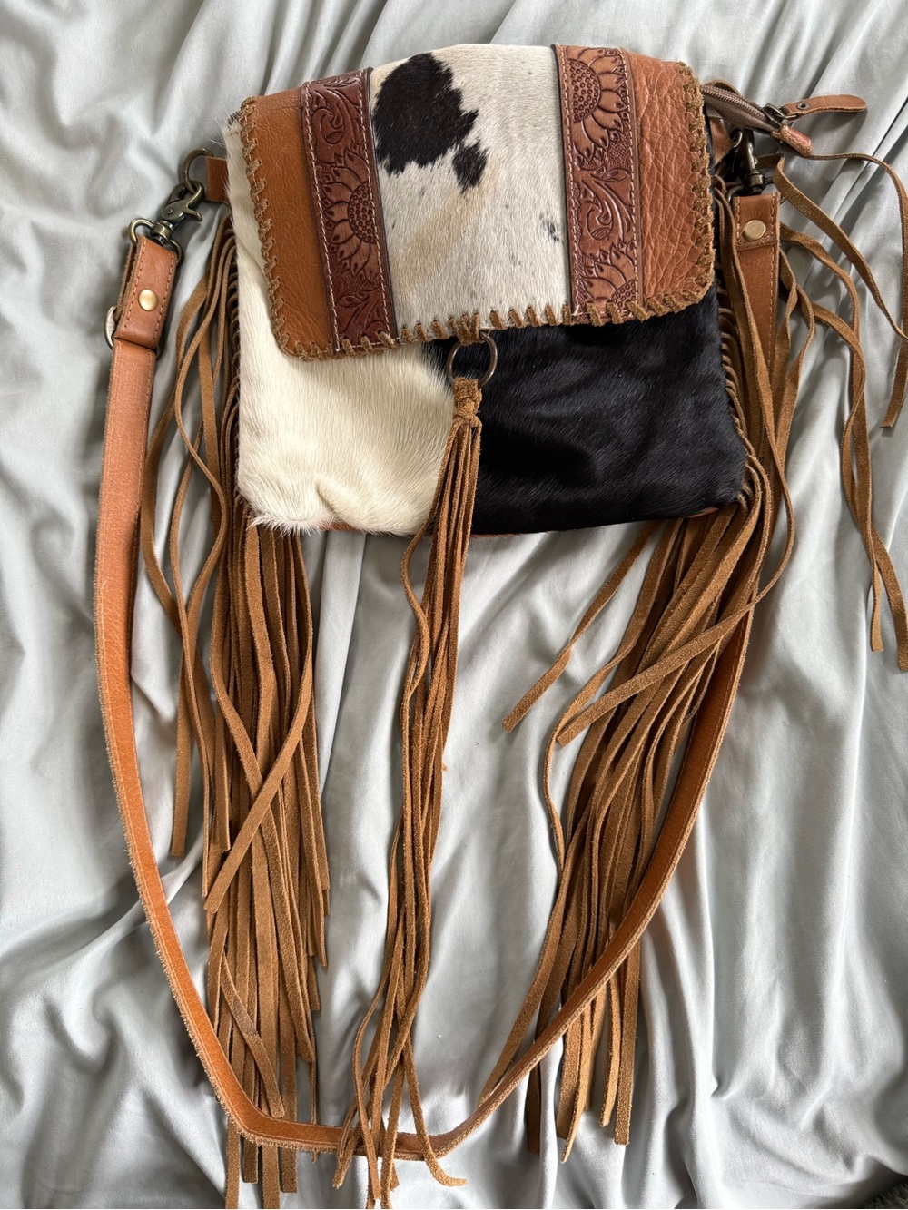 Myra Bag Brown, Black & White Fringe Cowhide Crossbody